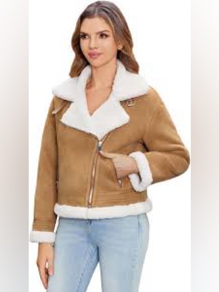 Women's Tan Faux Shearling Moto Jacket With White Trim